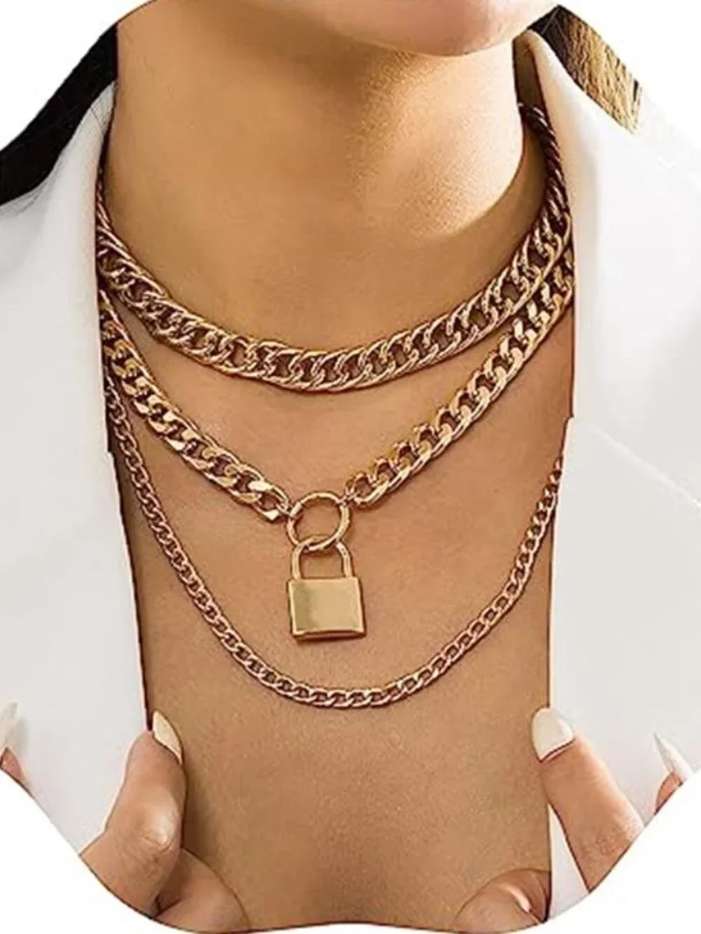 3PC Chunky Cuban Link Necklace Set Punk Layered Chain Choker for Women